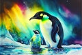 Emperor Penguin and baby chick rainbow Aurora Borealis Northern lights Royalty Free Stock Photo