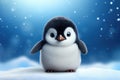 Emperor penguin chick on snowy arctic blue background. Cute polar animal. Christmas cartoon character.