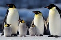 Emperor Penguin family with a fluffy baby, in snowy Antarctic, generative ai Royalty Free Stock Photo