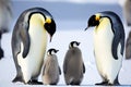 emperor penguin family keeps eye on their little fluffy cubs Royalty Free Stock Photo