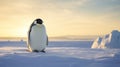 Emperor penguin on rocks near sea