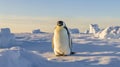 Emperor penguin on rocks near sea