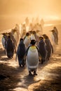 Emperor Penguins walking on Antarctica at sunset. Amazing Wildlife. Generative Ai