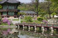 Emperor's Gyeongbok Palace, bridge and Pavilion with water reflections, Seoul Korea