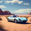 emphasize the contrast between the vibrant sports car and the muted desert backdrop trending