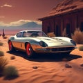 emphasize the contrast between the vibrant sports car and the muted desert backdrop trending