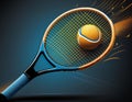 Emphasize a racket hitting the ball with strings slightly flexed