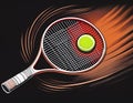 Emphasize a racket hitting the ball with strings slightly flexed