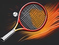 Emphasize a racket hitting the ball with strings slightly flexed