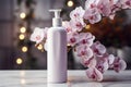 Emphasizing beauty Cosmetic bottle with blooming orchid background, focused Royalty Free Stock Photo