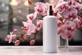 Emphasizing beauty Cosmetic bottle with blooming orchid background, focused Royalty Free Stock Photo