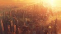 Empire at its zenith, aerial view, sunrise, sprawling city, warm hues, epic scale
