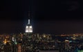 Sundown from the top of the rock - Empire State Building pinnacle brightly lit to the left of the frame - in colour Royalty Free Stock Photo