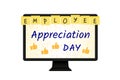 Employee Appreciation Day, office holiday vector banner, card, poster, laptop monitor with post notes on Royalty Free Stock Photo