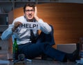 Employee asking for help and drinking under stress and despair