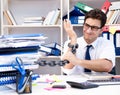 Employee attached and chained to his desk with chain Royalty Free Stock Photo