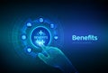 Employee benefits help to get the best human resources concept on virtual screen. Business for Profit, Benefit, health insurance.