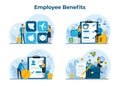 Employee benefits package. Worker advantages: overtime, medical insurance, vacation, paid family leave and retirement benefits,