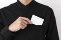 Employee catch blank business card in pocket for mockup template logo branding background