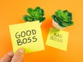 Employee chooses good or bad boss. Leadership, management skills, business concept