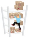 An employee climbing shelf at warehouse to get goods