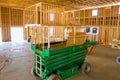 An employee of a construction company uses a boom truck forklift to move the framing beams for on a construction site.