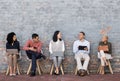 Employee diversity, interview line and conversation with technology for meeting, recruitment or company hiring. Human Royalty Free Stock Photo