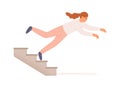 Employee falling down from career ladder. Sudden fall of woman from stairs. Work failure, fiasco, life problems and Royalty Free Stock Photo