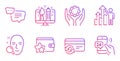 Employee hand, Change card and Text message icons set. Creative design, Loyalty program and Face search signs. Vector