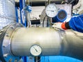 Employee hand at pressure gauge on chrome steel  pipe. Temperature gauge Royalty Free Stock Photo