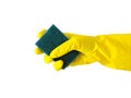 Employee hand in rubber protective glove with micro fiber cloth wiping wall from dust. Cleaning or housekeeping concept. Royalty Free Stock Photo