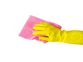 Employee hand in rubber protective glove with micro fiber cloth wiping wall from dust. Cleaning or housekeeping concept. Royalty Free Stock Photo