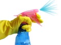 Employee hand in rubber protective glove with micro fiber cloth wiping wall from dust. Cleaning or housekeeping concept.