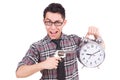 Employee holding alarm clock and weapon isolated