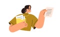Employee holding documents and folder. Professional, office worker reviewing, analyzing business paper, report, file