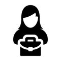 Employee icon vector female person profile avatar symbol with briefcase for business in flat color glyph pictogram