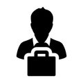 Employee icon vector male person profile avatar with bag symbol for business and finance in flat color glyph pictogram Royalty Free Stock Photo