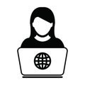 Employee icon vector working online from home with laptop computer female user person profile avatar and globe symbol Royalty Free Stock Photo