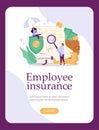Employee insurance web banner template, happy office workers using benefits of the company, flat vector illustration.