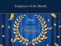 Employee of the month, congrats text with name on blue with gold confetti and laurel wreath