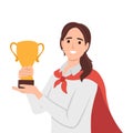Employee of month, woman on pedestal. Happy worker having outstanding performance in job, business, rewarded with a trophy, honors