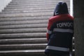 Employee of the Moscow Gormost service stay on the steps of an underground passage during the cavid-19 quarantine in the East of