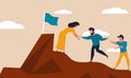 Employee mountain help and risk climbing. Leadership motivation and opportunity cooperation vector illustration concept.