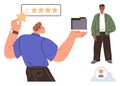 Employee receiving feedback with five-star rating, document folder, and recognition as best performer Royalty Free Stock Photo