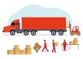 The employee is recording the delivery. with the delivery man dressed in red Cargo truck with cargo box freight forwarding service