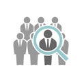 Employee recruiting concept illustration. Group of businessmen and a magnifying glass. Human resources hiring icon.