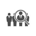 Employee recruitment concept illustration. Businessmen in suits in line and a magnifying glass. Human resources hiring icon.