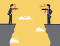 Employee relationship problems in the organization. Two businessmen are arguing while standing on a cliff