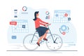 Employee riding bike with clock to control and organize work hours and business tasks