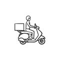 Employee riding delivery bike hand drawn outline doodle icon.